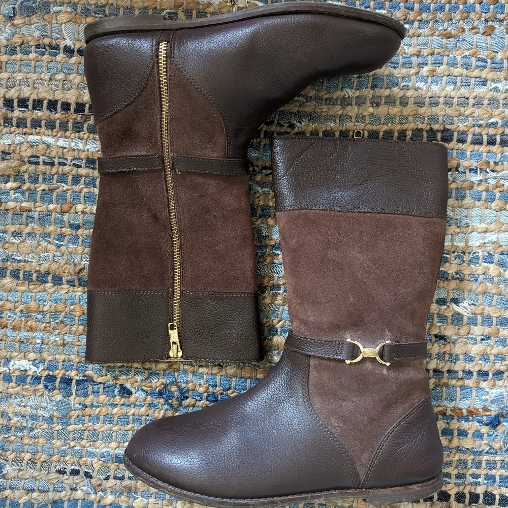 Janie and Jack Girls 5k Brown Riding Boots Gold Hardware Zip Up - Picture 3 of 9